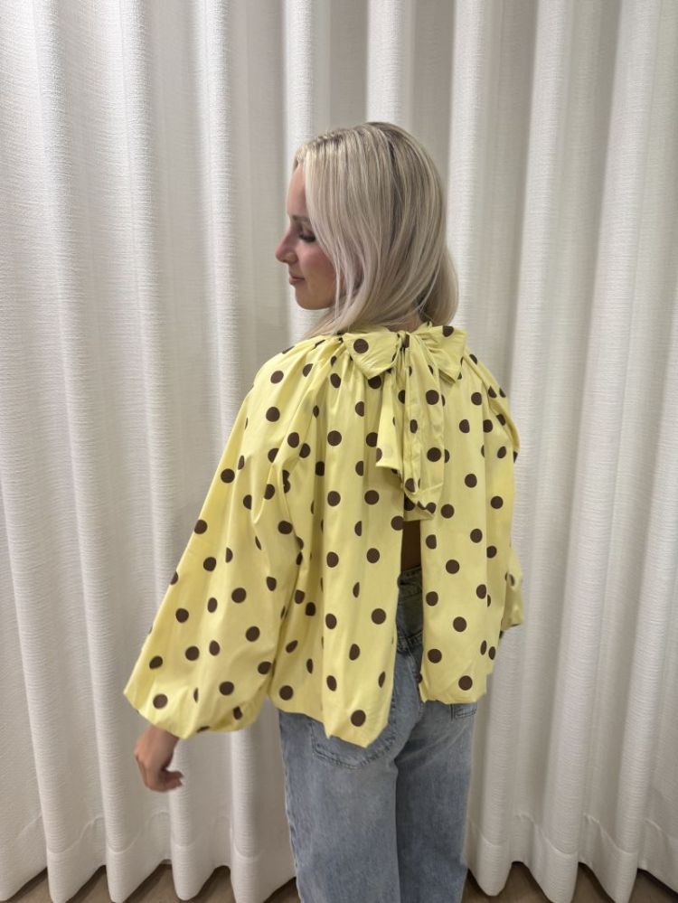Polka dot bloes met open rug  geel