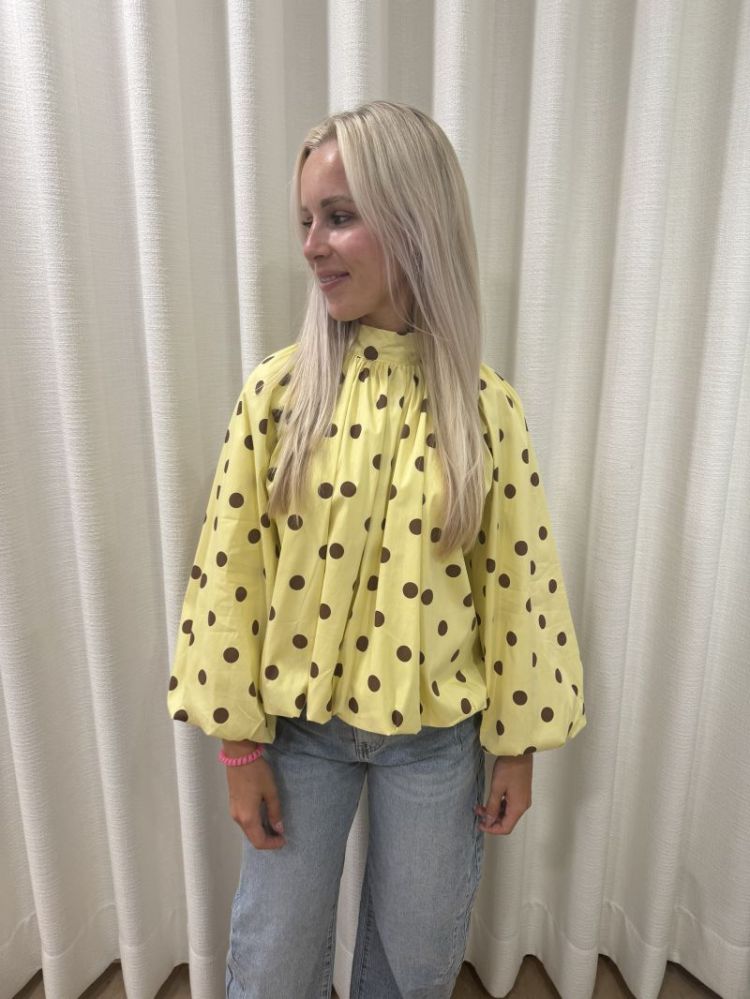 Polka dot bloes met open rug  geel