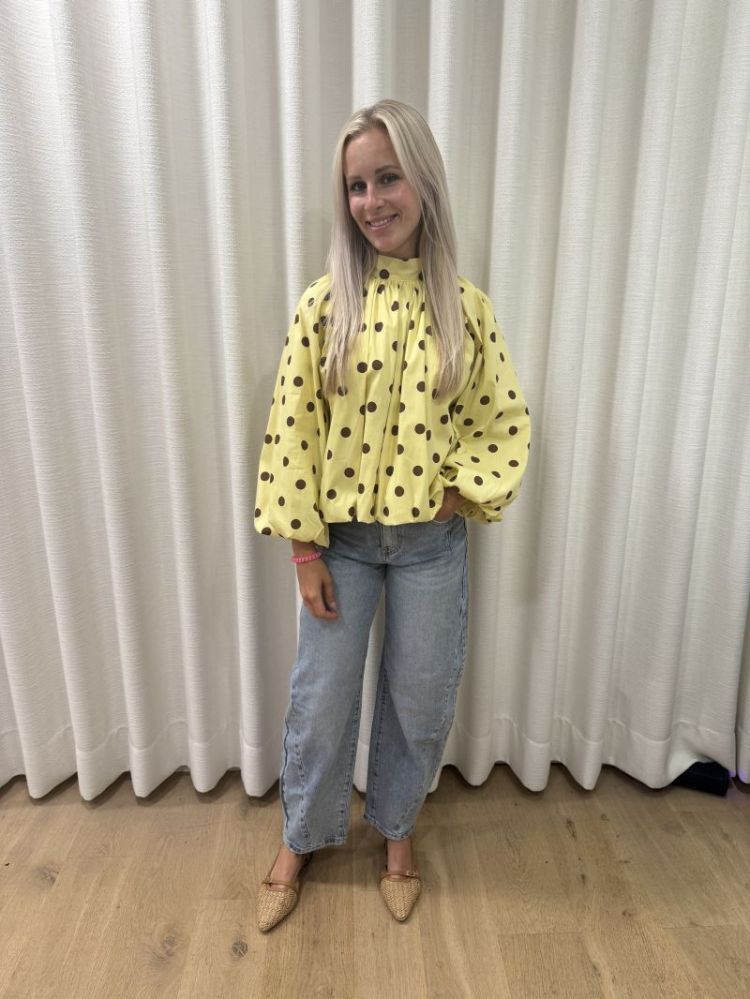 Polka dot bloes met open rug  geel