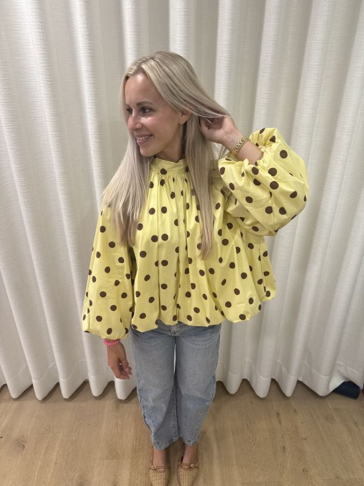 Polka dot bloes met open rug  geel