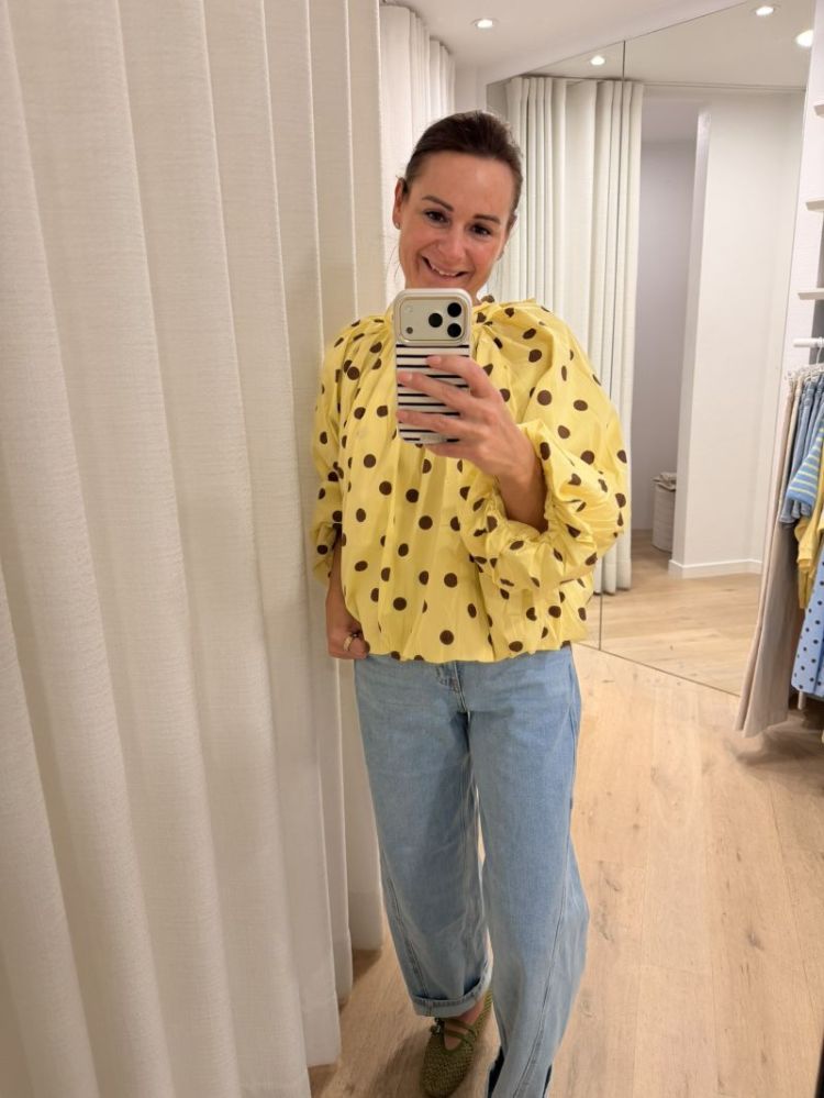 Polka dot bloes met open rug  geel
