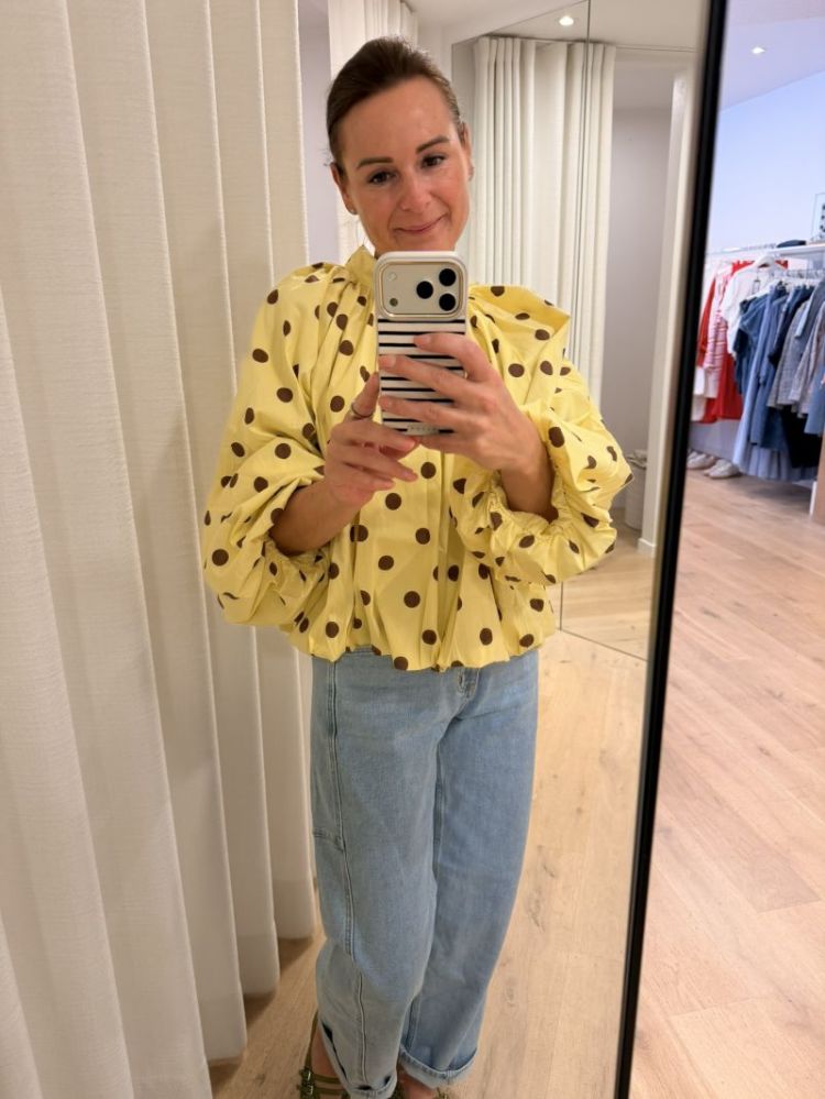 Polka dot bloes met open rug  geel