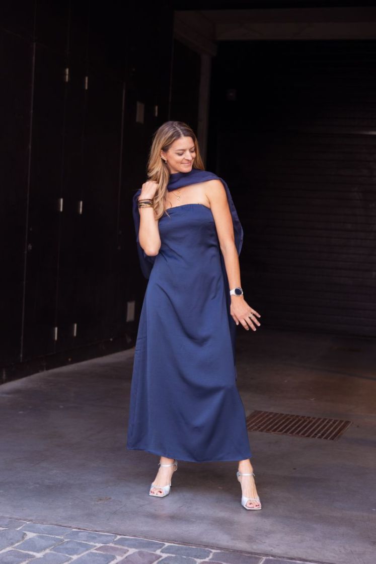 vima bandeau maxi dress navy blazer